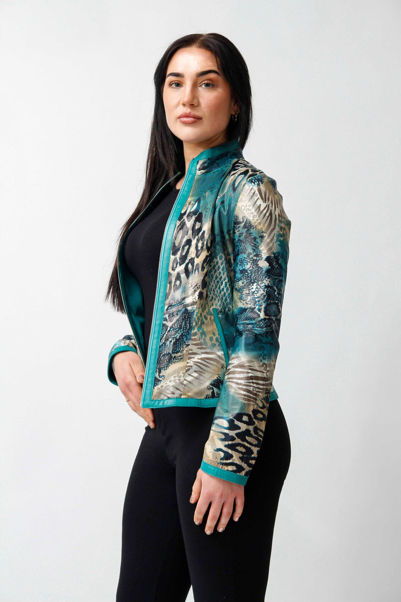 Kurze Damen Lederjacke Lammnappa zum wenden in Türkis mit Stehkragen