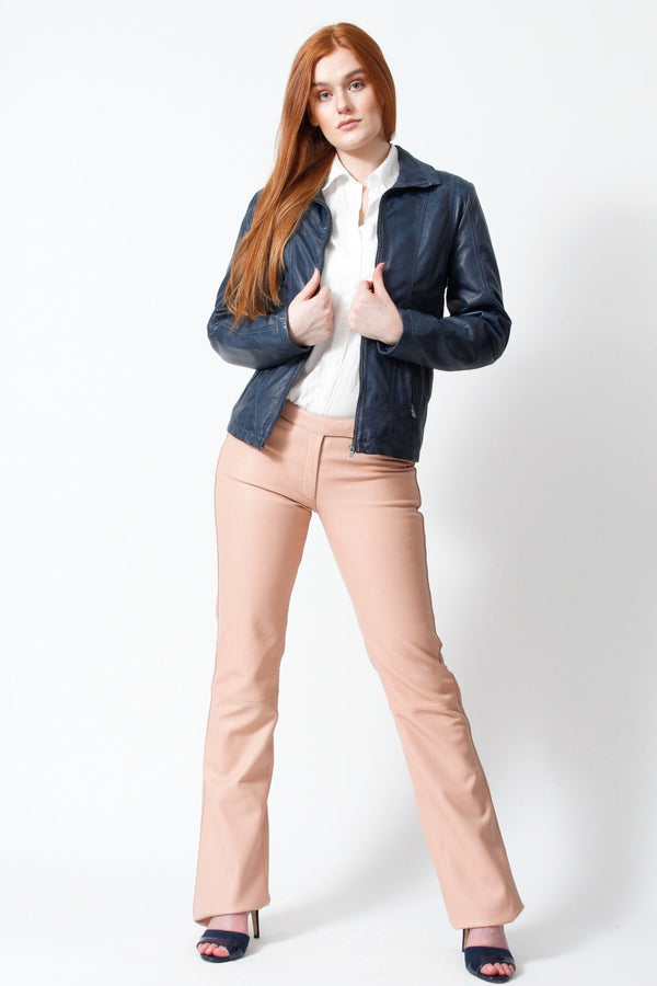 Taillierte Damen Lederjacke mit Reißverschluss in Lammnappa Navy Blue ungefüttert