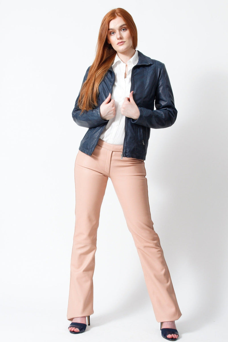 Taillierte Damen Lederjacke mit Reißverschluss in Lammnappa Navy Blue ungefüttert