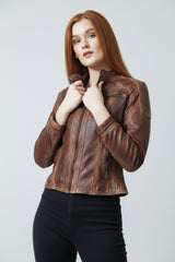 Moderne Lederjacke im Biker Style in Antikbraun aus Lammnappa tailliert 