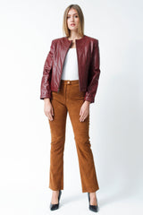 leichte dünne Damen Lederjacke als Bolero Lammnappa dunkelrot ohne Kragen