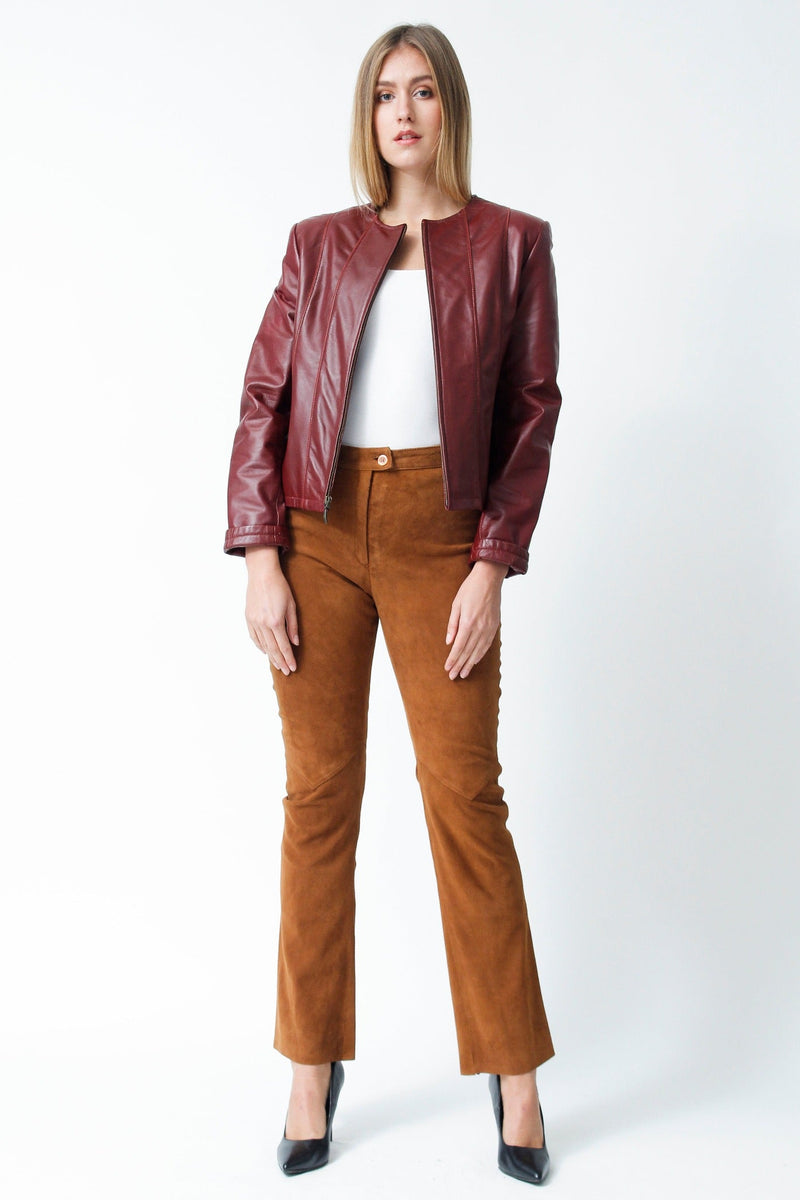 leichte dünne Damen Lederjacke als Bolero Lammnappa dunkelrot ohne Kragen