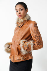 Damen Lederjacke leichtes Lammnappa cognac mit Lasercut Muste und fuchsverbrämungen
