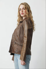 Kurze Damen Lederjacke in Teakwood Braun vintage Look aus Lammnappa