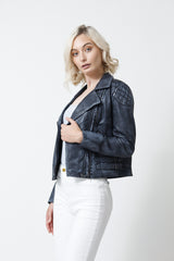 Kurze Damen Biker Lederjacke in Lammnappa Jeansblau im vintage Look