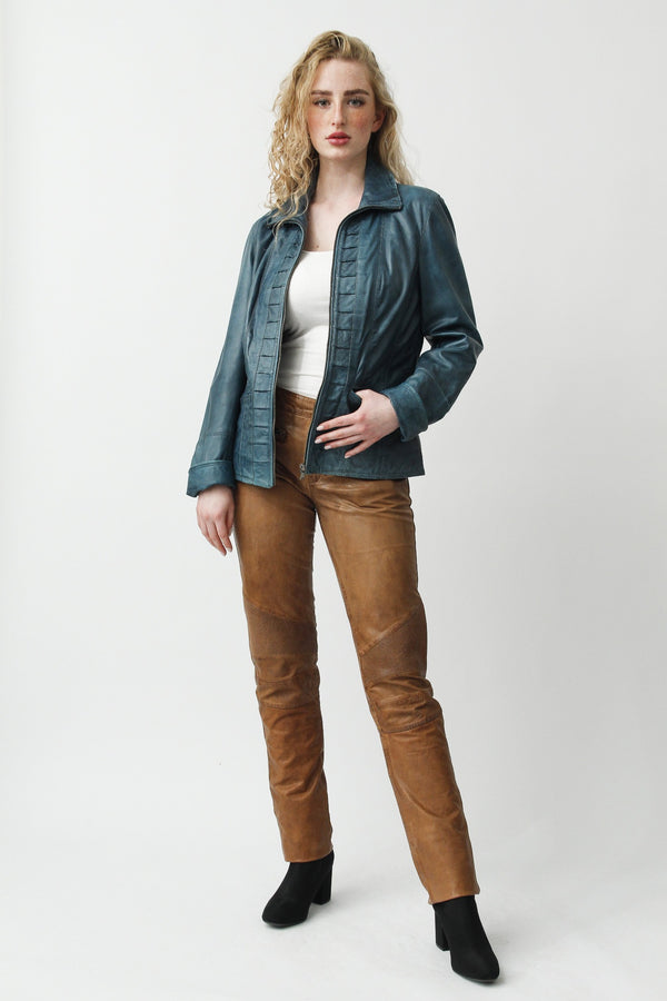 Kurze Damen Lederjacke in Aqua Blue vintage Look aus Lammnappa