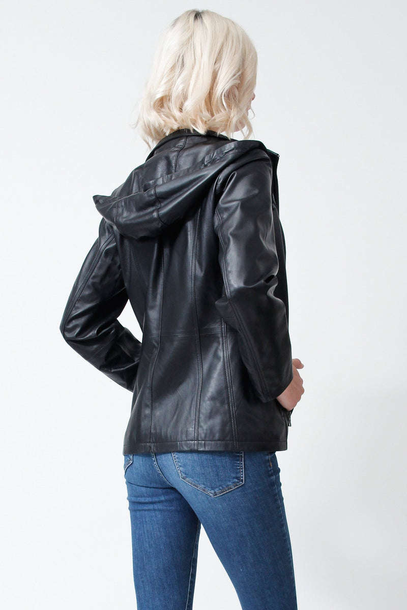 Kurze Damen Lederjacke aus Lammnappa schwarz mit Kapuze abtrennbar