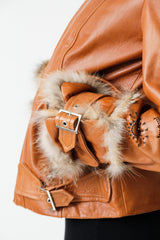 Damen Kurz Lederjacke Lammnappa cognac mit Lasercut Muste und fuchsverbrämungen