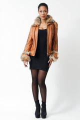 Damen Kurz Lederjacke Lammnappa cognac mit Lasercut Muste und fuchsverbrämungen