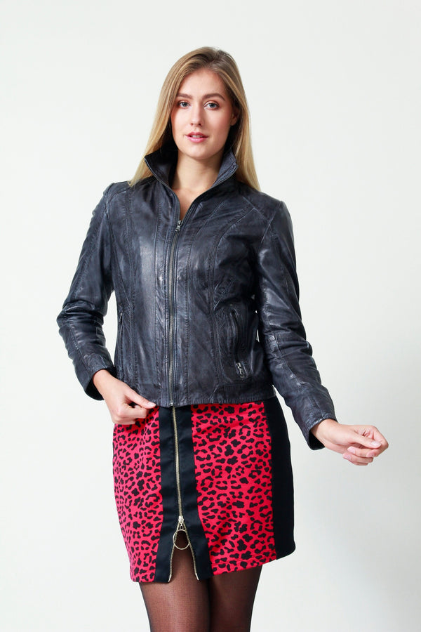 Kurze Damen Lederjacke Lammnappa talliert in dunkel Blau vintage Look 