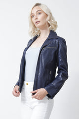 Taillierte Damen Lederjacke in Lammnappa Blau federleicht, Leder Schmidt Online 
