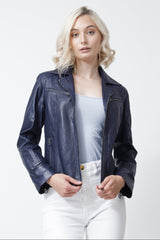 Blaue taillierte Damen Lederjacke in Lammnappa unwattiert