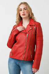 Damen Biker Lederjacke Rot Lammnappa mit Steppnähte und viele Zipper