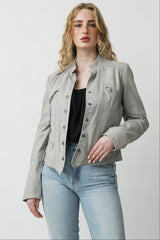 Kurze Damen Lederjacke aus Lammnappa in Ice Blue mit Stehkragen