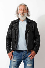 Kurze Herren Bikerlederjacke aus New Zealand  Lammnappa schwarz Bubble Effekt