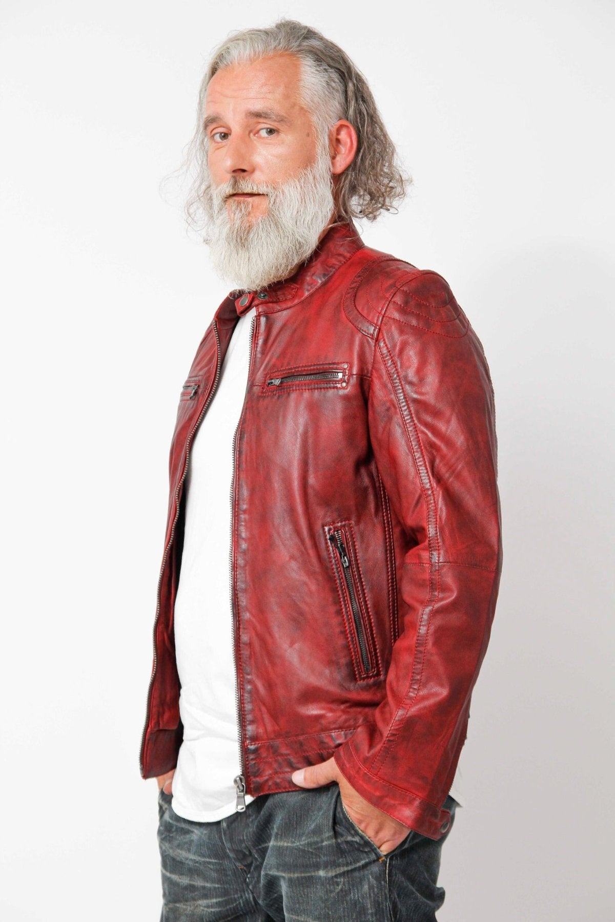 Kurze Herren Biker Lederjacke in Red