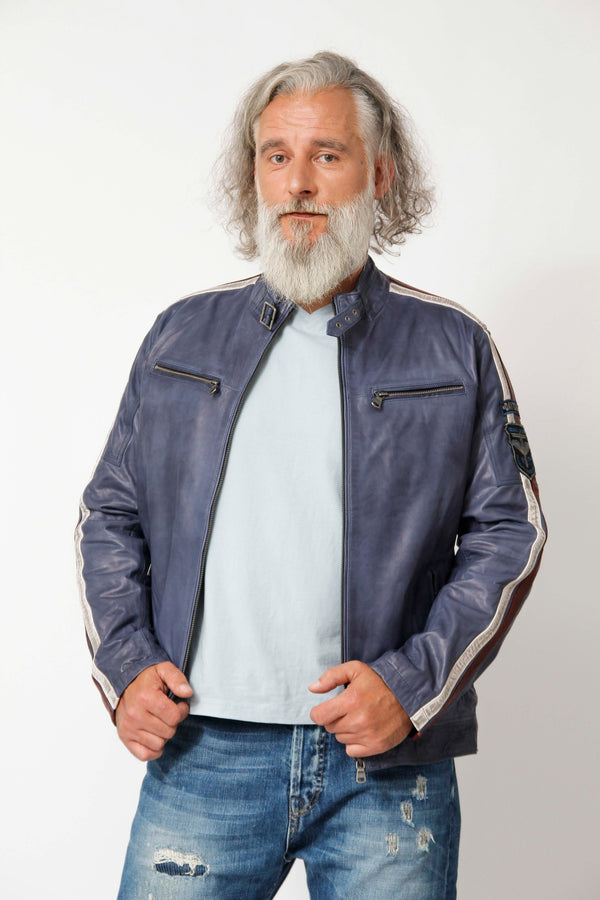 Herren Lammnappalederjacke Daytona Blau mit Kontraststreifen weiss rot und Stehkragen