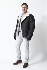 Kurze echte Herren Lammfelljacke schwarz vintage Look mit weißer Wolle