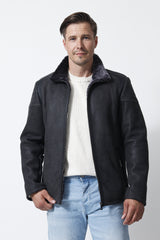 Kurze Herren Lammfelljacke in dunkelgrau mit Stehkragen aus Merinolamm