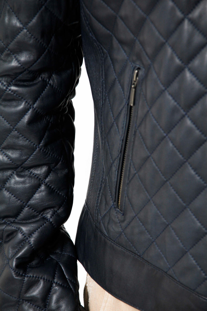 Kurze Herren Lederjacke aus gesteppten Lammnappa in Blau mit Stehkragen