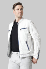 Herren Leder Jacke Lammnappa in Offwhite Blau mit Stehkragen hochschließbar
