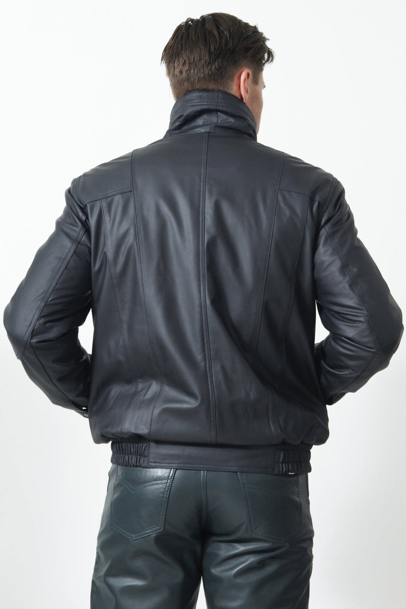 Herren Lederblouson mit leichter wattierung aus Lammnappa Blau schwarz