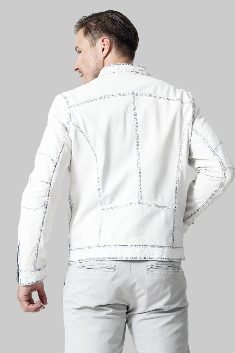 Herren Leder Jacke Lammnappa in Offwhite Blau mit Stehkragen hochschließbar