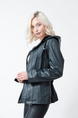 Kurze Damen Lederjacke aus Lammnappa Petrol mit Kapuze abtrennbar