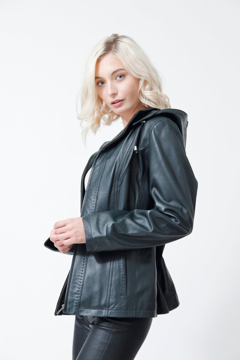 Kurze Damen Lederjacke aus Lammnappa Petrol mit Kapuze abtrennbar