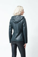 Kurze Damen Lederjacke aus Lammnappa Petrol mit Kapuze abtrennbar