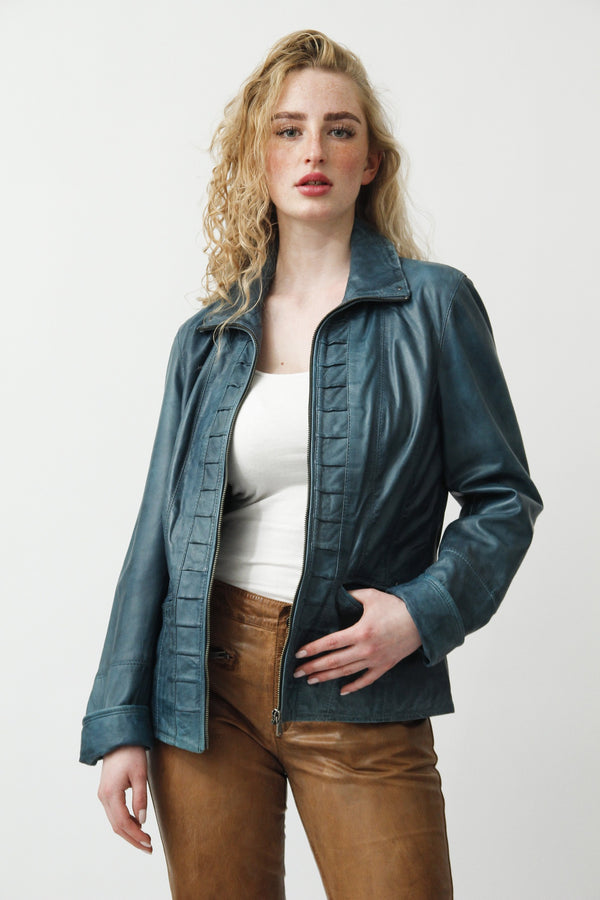 Kurze Damen Lederjacke in Aqua Blue vintage Look aus Lammnappa