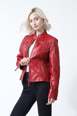 Biker echte Damen Lederjacke in Lammnappa rot mit Stehkragen, Leder Schmidt Online 