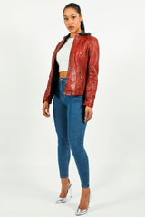 Kurze Bikerstyle Damenlederjacke in Rot vintage Lammnappa mit abnehmbare Kapuze