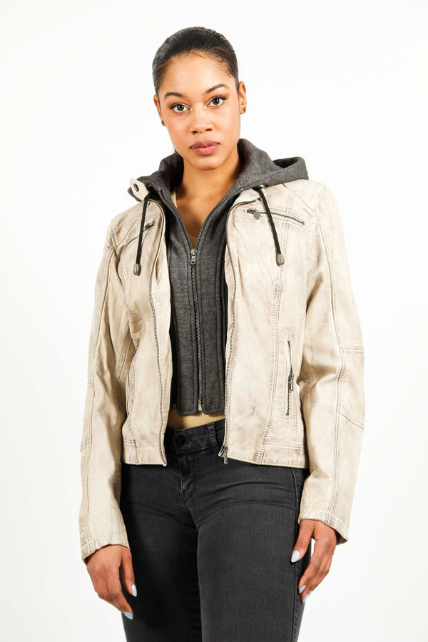 Damen Bikerstyle Lederjacke, Lammnappa Offwithe washed Look mit Stoffkapuze abtrennbar