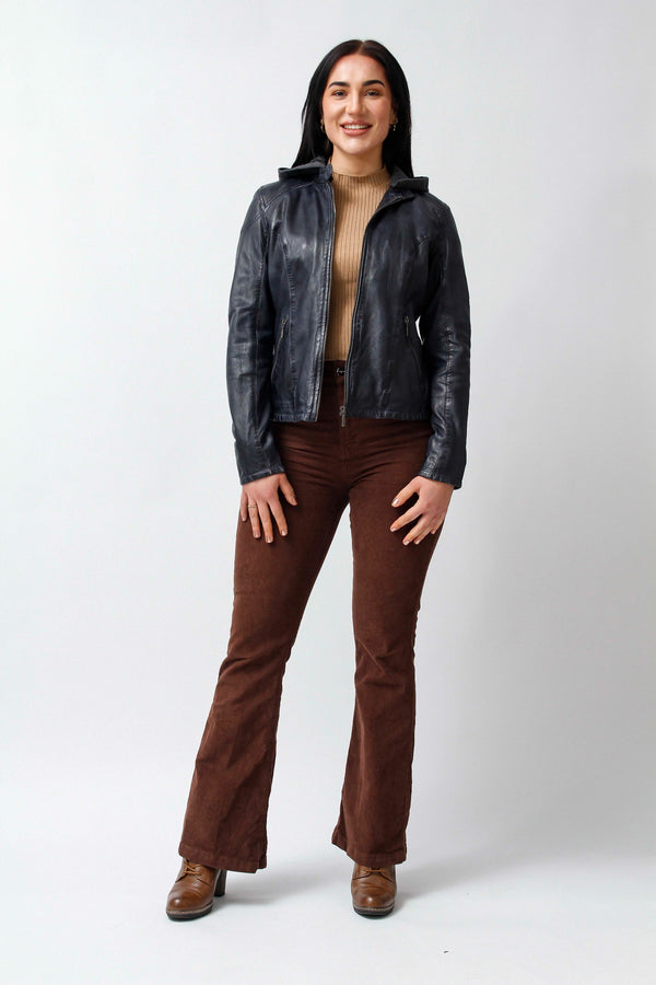  Kurze Bikerstyle Damenlederjacke in Navy vintage Lammnappa mit abnehmbare Kapuze