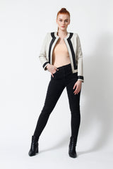 Damen Bolero in Ziegennappa ivory mit Kontrast schwarz perforiert