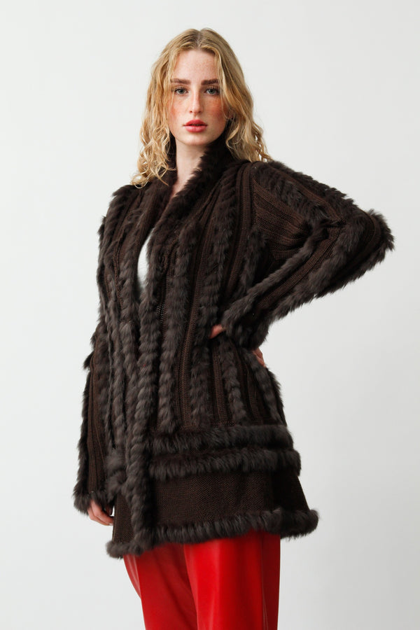 Damen Kaninchen Strickjacke in Braun mit Baumwollanteil