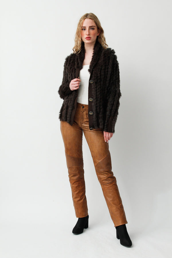 Halblange Damen Kaninchen Strickjacke dunkel Braun in Baumwolle gewebt