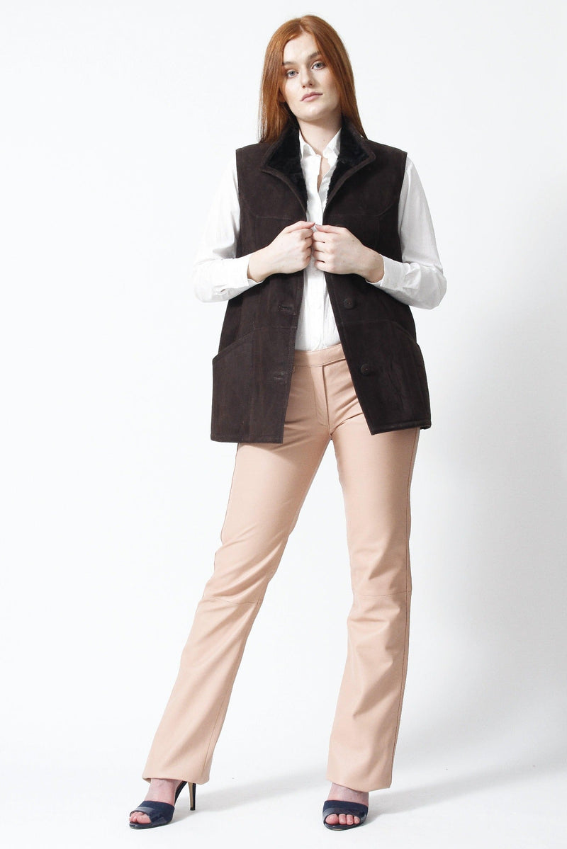 Braune Velour Damen Lammfell Weste - Leder Schmidt Online