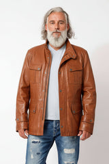 Sportlicher Herren Lammnappalederparka in Cognac washed Look  unwattiert mit Stehkragen