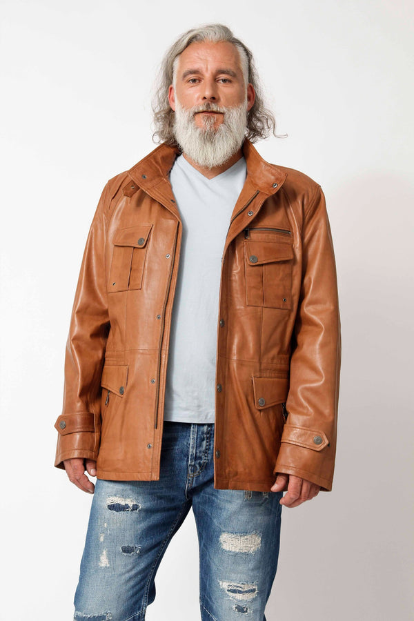 Sportlicher Herren Lammnappalederparka in Cognac washed Look  unwattiert mit Stehkragen