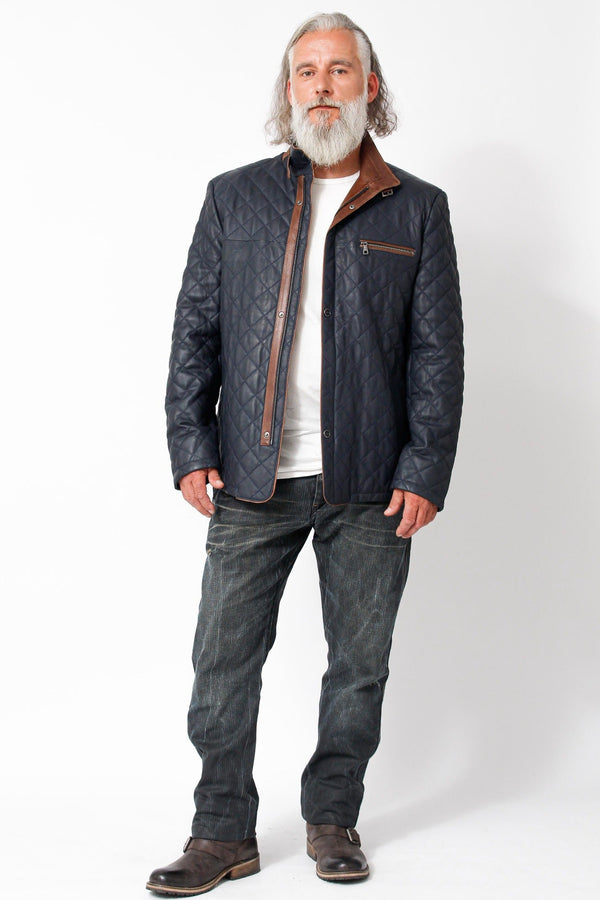 Längere Herren Lammnappalederjacke gesteppt mit Stehkragen in Blau cognac abgesetzt