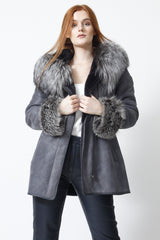 echte Damen Lammfelljacke mit Kapuze Reißverschluss lange Winterjacke