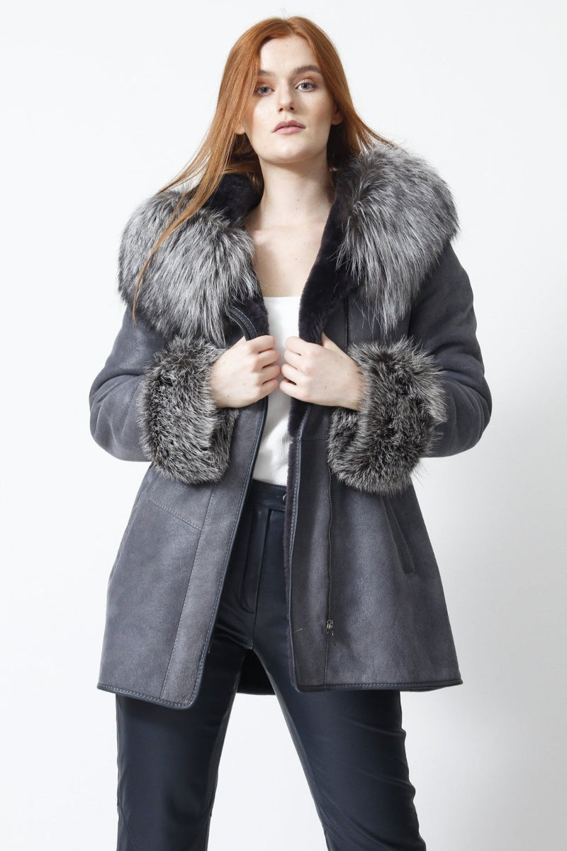 echte Damen Lammfelljacke mit Kapuze Reißverschluss lange Winterjacke