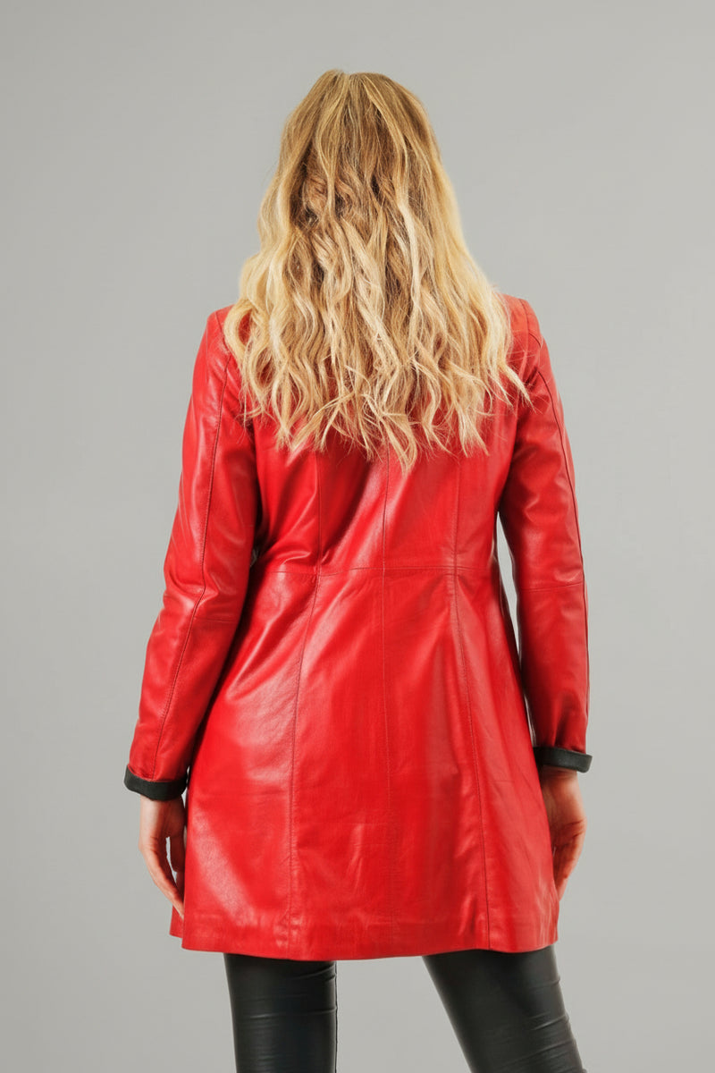 Damen Lederjacke Lammnappa mit Farbkontrast rot/schwarz tailliert mit Zweiwegereißverschluss