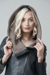 Damen Lederjacke tailliert in Lammnappa Petrol/Beige mit Kapuze gestrickt