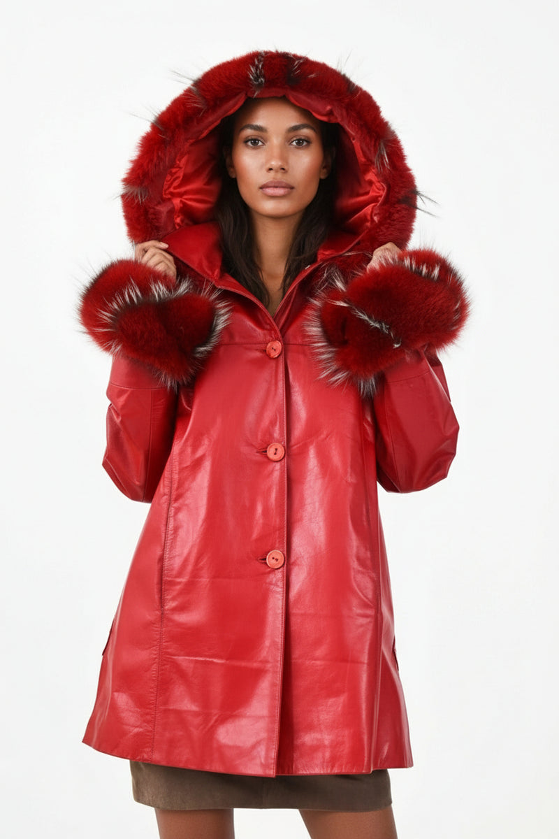 Lange Damen Lederjacke Rindnappa in rot mit Kapuze und Fellverbrämungen