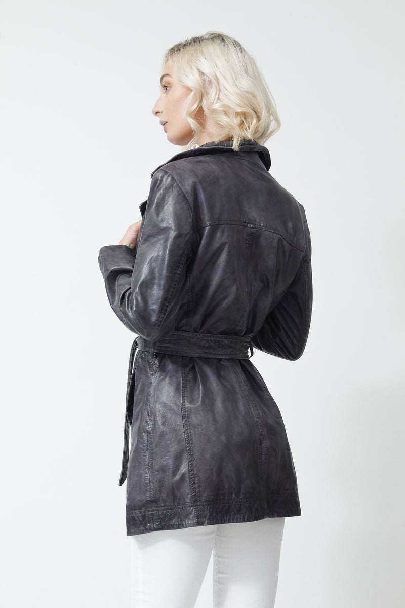 Taillierte Damen Lederjacke in Lammnappa vintage look anthrazit und Gürtel, Leder Schmidt Online 