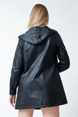 echte lange Sportliche Damen Lederjacke aus Lammnappa in schwarz mit Kapuze