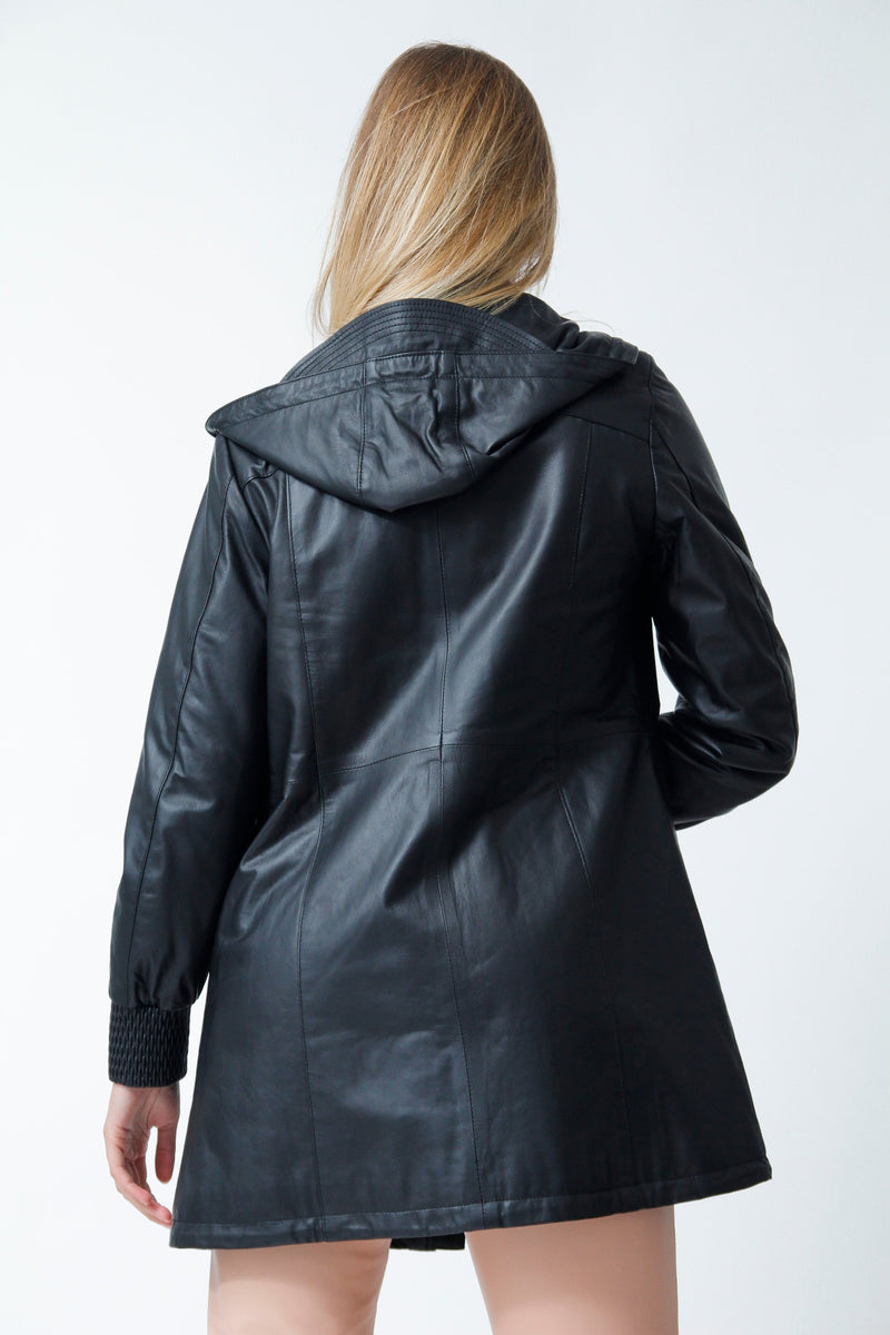 echte lange Sportliche Damen Lederjacke aus Lammnappa in schwarz mit Kapuze